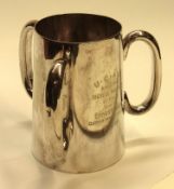 A Tyg - a three-handled silver plated trophy by Mappin & Webb, engraved U.C.A.C Two Mile Open