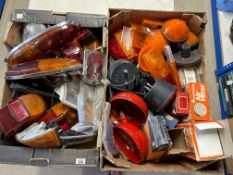Two boxes of autojumbler's parts inc. lights, lenses etc.