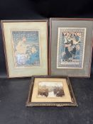 Two framed and glazed bicycle prints and a sepia military photograph.
