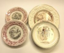 Plates - a collection of transfer printed decorative French and English 'Bicycling' earthenware