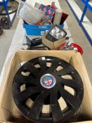 A box of four new old stock Alfa Romeo wheel trims, a tub of new old stock track rod end covers,