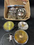 A box of c.1960s foglights and one other inc. Raydyot, Lumax, Unipart etc.