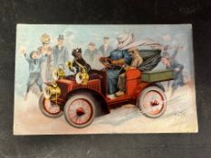 An Edwardian postcard of a veteran car being driven at speed.