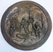 Chr. I. Luccher. Brass relief bronze plaque depicting an Ordinary rider with a broken bicycle at a