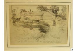 Frank (Pat) Patterson. 'Bere Mill near Whitchurch Hants', a pen and ink sketch dated 1923, framed