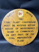 A large circular tin safety notice sign for a coal plant, 35 3/4