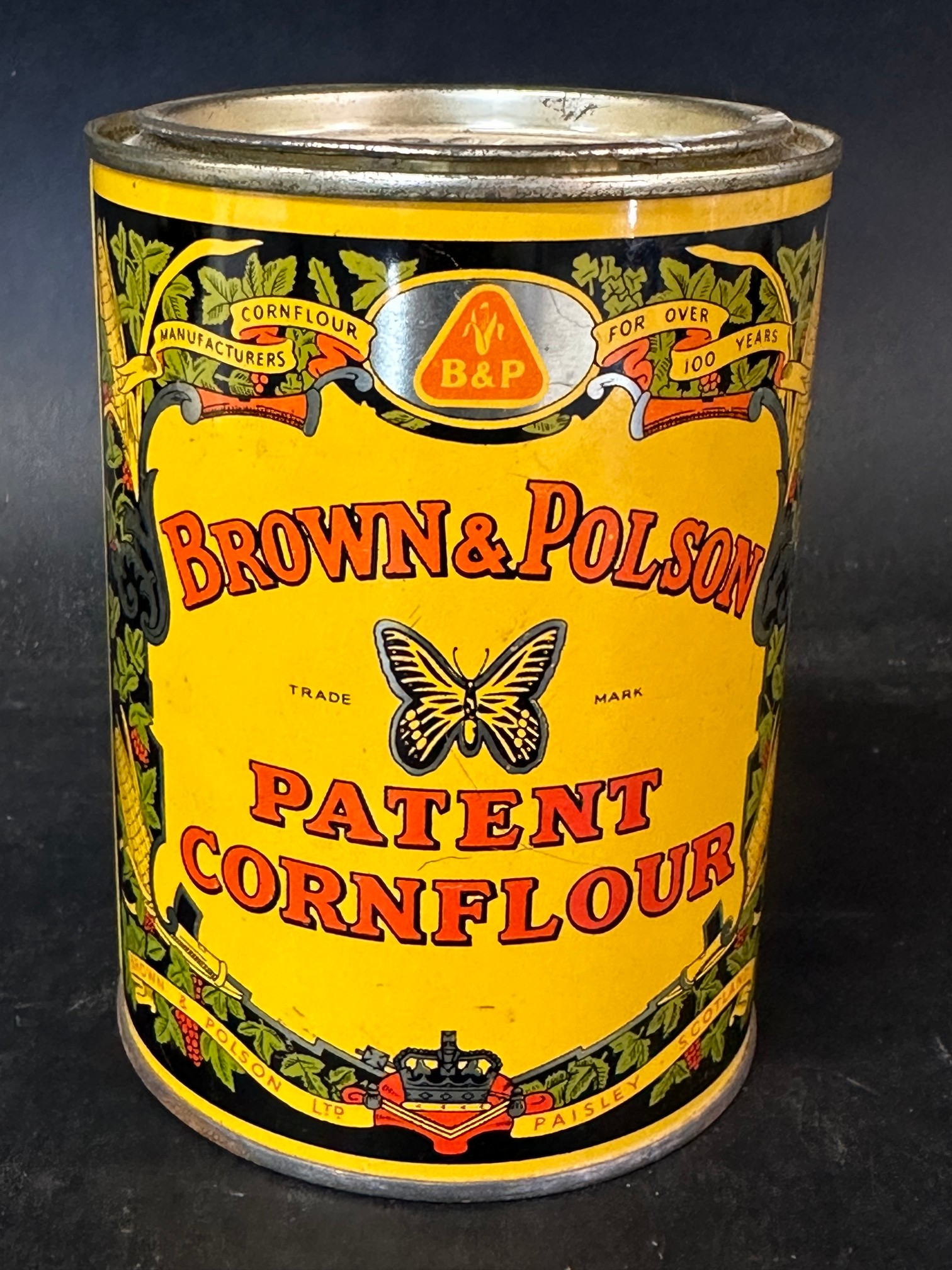 A Brown & Polson (of Paisley, Scotland) Patent Cornflour 450g tin, 5" tall.