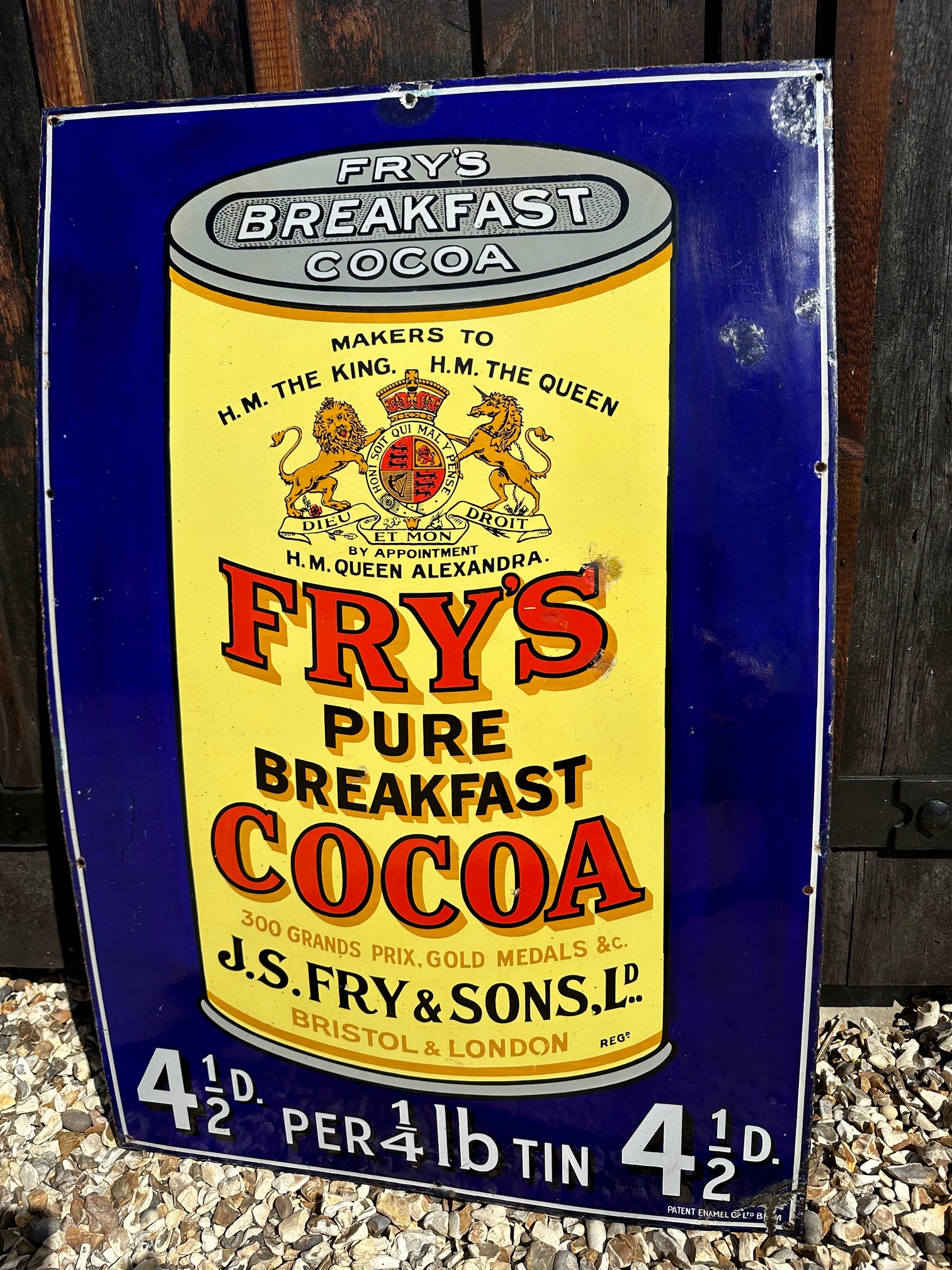 A large Fry's Pure Breakfast Cocoa pictorial enamel advertising sign depiciting a 4 1/2lb tin of