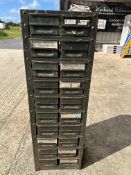 A Workshop bank of 20 drawers, some with old labels and a few with contents, 42 3/4