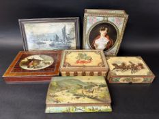Five Huntley & Palmer novelty biscuit tins and one other including a shipping, countryside and