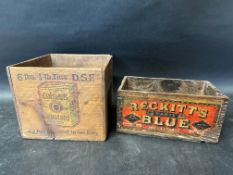 Two wooden counter top display dispensing crates: Reckitt's Blue of Hull & London and Colman's