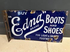 A rare and early double sided enamel advertising sign with hanging flange advertising Edna Boots and