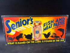 A 1930s tram advertising card for Senior's Fish and Meat Pastes 'What is named on the label is found