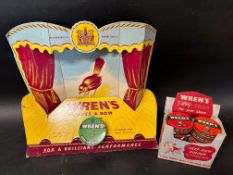 A Wren's Takes a Bow Polish shop counter showcard display with green tin and a Wren's 3 Way Care