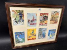 A set of eight cycling related images, believed 1994 postcards, framed and glazed, 22 1/4 x 18 1/