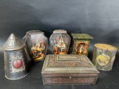 Six novelty biscuit tins including Art Nouveau designs: Huntley & Palmers (x5) and a Macfarlane,