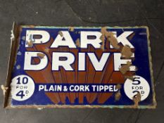 A Park Drive cigarettes double sided enamel advertising sign with hanging flange, 11 1/2 x 7