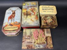 Five biscuit tins including a Huntley & Palmers Hyacinth, a Kemps Chocolate Assorted Biscuits, A