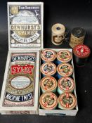 A box of Dewhurst's Sylko threads (with contents), one other (empty) two reels of Knox's linen