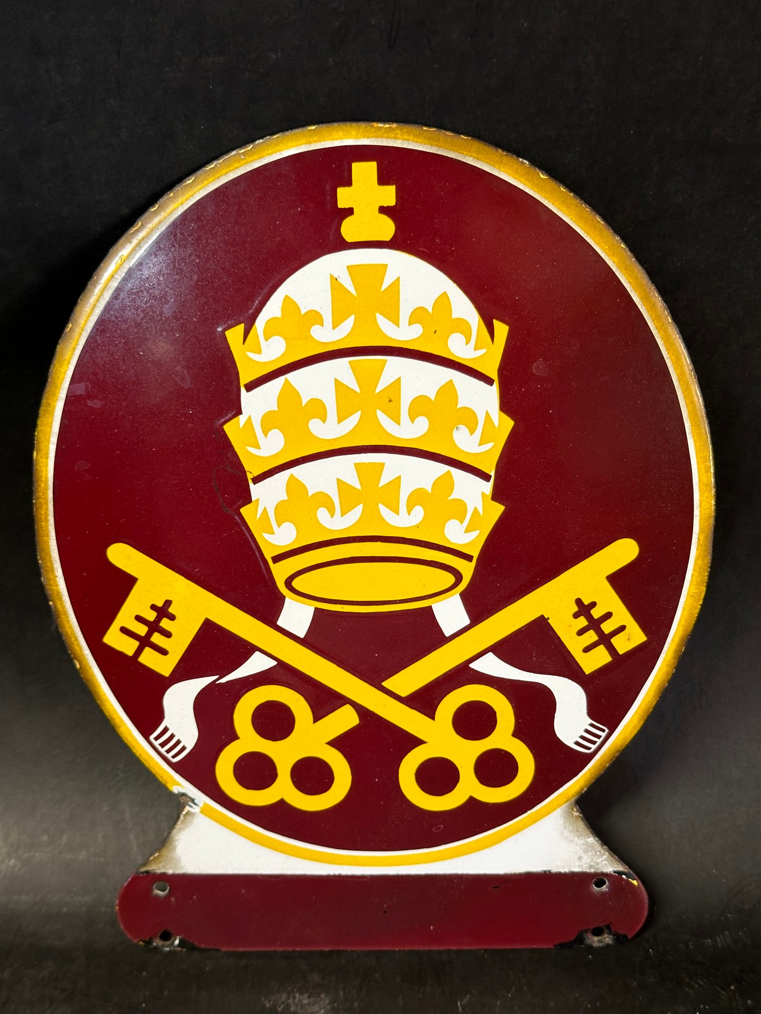 A very rare Vatican City Pope Papal insignia enamel vehicle sign, 9 1/2 x 7".