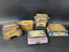 Five shaped biscuit tins including Huntley & Palmers (x2), Mackenzie & Mackenzie, W. Dunmore & Sons,