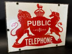 A Public Telephone coat of arms double sided hanging enamel advertising sign by Griffiths &