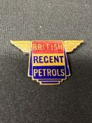 A British Regent Petrols enamel badge in the form of a finned Regent petrol pump globe with wings,