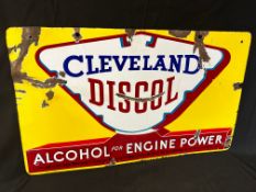 A Cleveland Discol Alcohol for Engine Power pictorial hanging enamel advertising sign depicting a