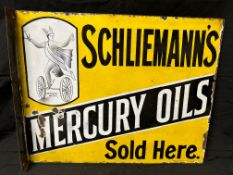 A Schliemann's Mercury Oils double sided enamel advertising sign with hanging flange depicting