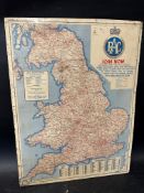 An RAC salesman's cellulose covered advertising sign with detailed UK map and distances in miles