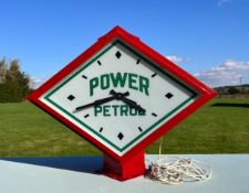 A rare Power Petrol lozenge-shaped garage forecourt double sided illuminated clock, one
