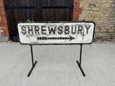 A Shrewesbury (right directional arrow) cast aluminium road sign on stand, reflectors have been