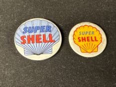 Two Super Shell badges, 3cm diameter and 2.5cm diameter.