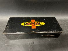 A garage repair outfit tin with Romac branding to lid, 12 1/4 x 5 1/2 x 3