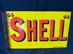 A Shell double sided enamel advertising sign with hanging flange by Bruton of Palmers Green, 23 3/