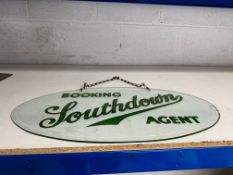 A Southdown (coaches) Booking Agent glass bevel-edged, reverse-painted hanging advertising sign, 30