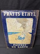 A rare Pratts Ethyl 'Fastest on earth' tin advertising sign depicting a scene likely Bluebird on