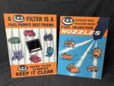 A pair of C.A.V. pictorial easel backed cardboard advertisements for CAV paper filters and fuel