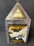 A Gamages Aerodeluxe Motor Oil five gallon pyramid can.