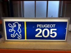 A Peugeot 205 hanging lightbox, 37 1/2 x 14 1/2 x 4 1/2