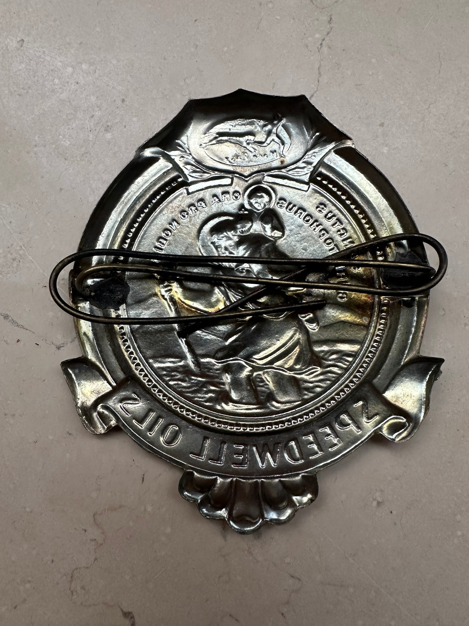 A Speedwell Oils St. Christopher (patron saint of travellers) grille badge, 3 1/2 x 3". - Image 2 of 2