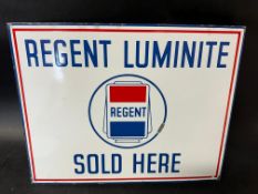 A Regent Luminite Sold Here stockist's double sided enamel advertising sign with hanging flange