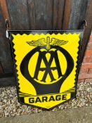 An AA Garage hanging advertisement consisting of two enamel signs, by Franco, back to back within