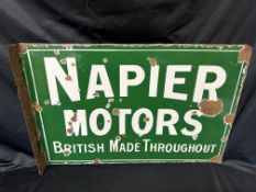 A Napier Motors 'British Made Throughout' double sided enamel advertising sign with hanging flange