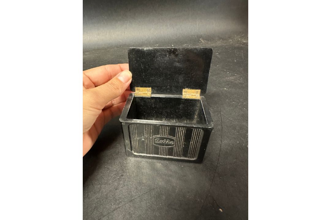 An Exide Batteries novelty ashtray with hinged lid and matchstriker to base, damage to one side - Image 2 of 6