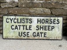 A cast aluminium road sign - Cyclists Horses Cattle Sheep Use Gate, 39 x 15 1/2