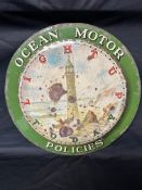 An Ocean Motor Policies Lightup Today circular tin advertising clock sign depicting a lighthouse