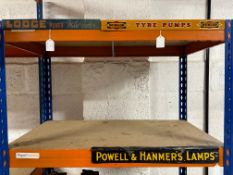 Three motoring-related shelf advertising strip signs: Lodge Plugs, 14 1/2 x 1 1/2