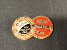 A rare Duckham's New Process Oils and Morrisol Sirrom Brand Engine Oil enamel duo brand badge by