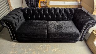 Black velvet effect three seat padded sofa